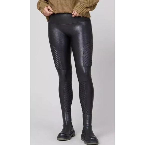 SPANX Faux Leather Moto Leggings Black Shaping Slimming‎ Stretch Womens M - Picture 4 of 16
